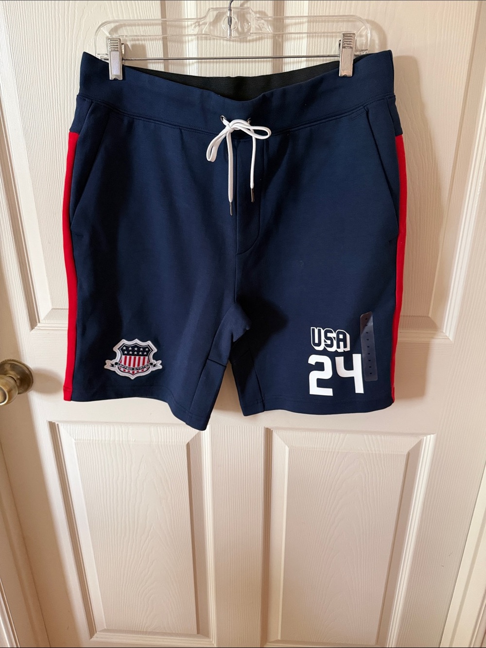 Polo by Ralph Lauren USA Navy Athletic Shorts with Red Side Stripes Sz M. Box52